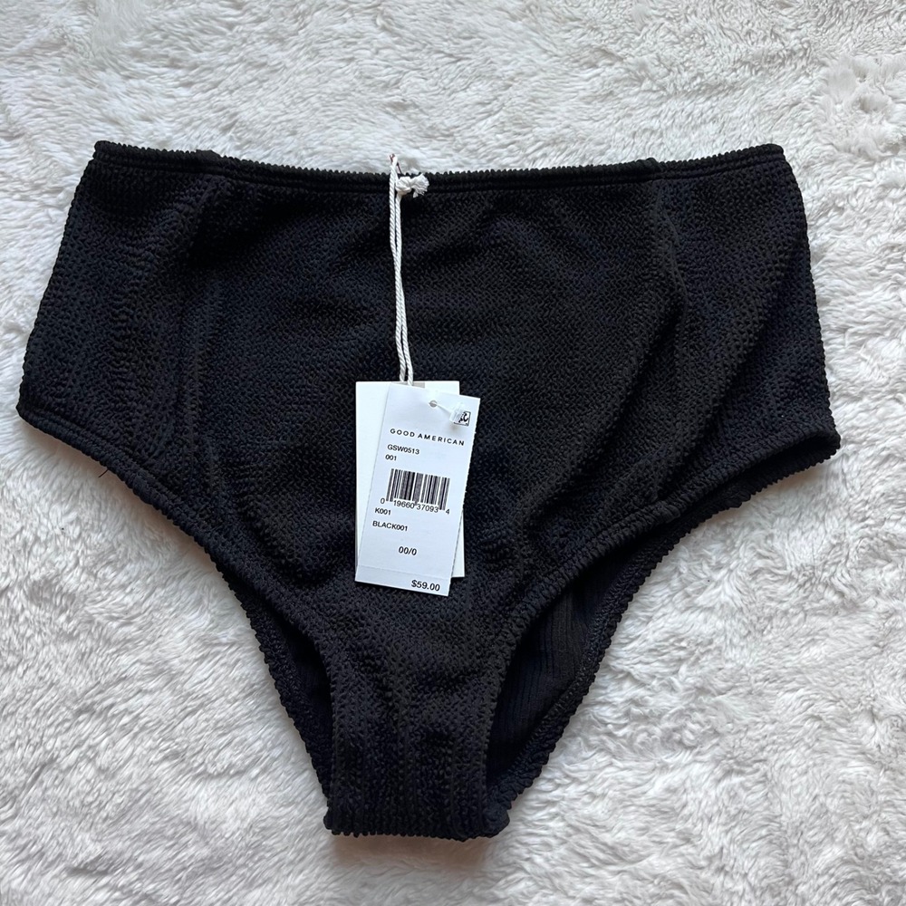 Good American Always Fits High Waist Bikini Bottom Black Crinkle Size 00/0 NWT